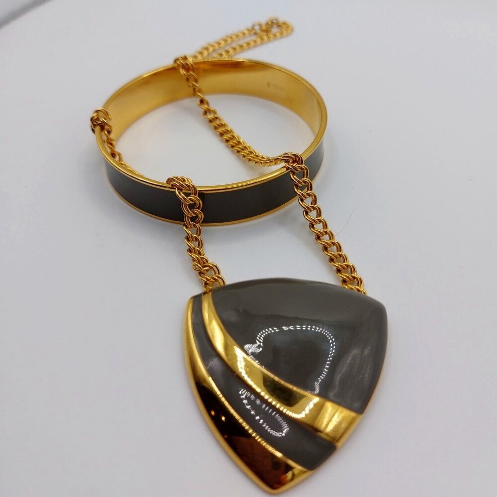 Vintage Monet Gold and Grey Demi Parure Signed Pendant Necklace and bracelet